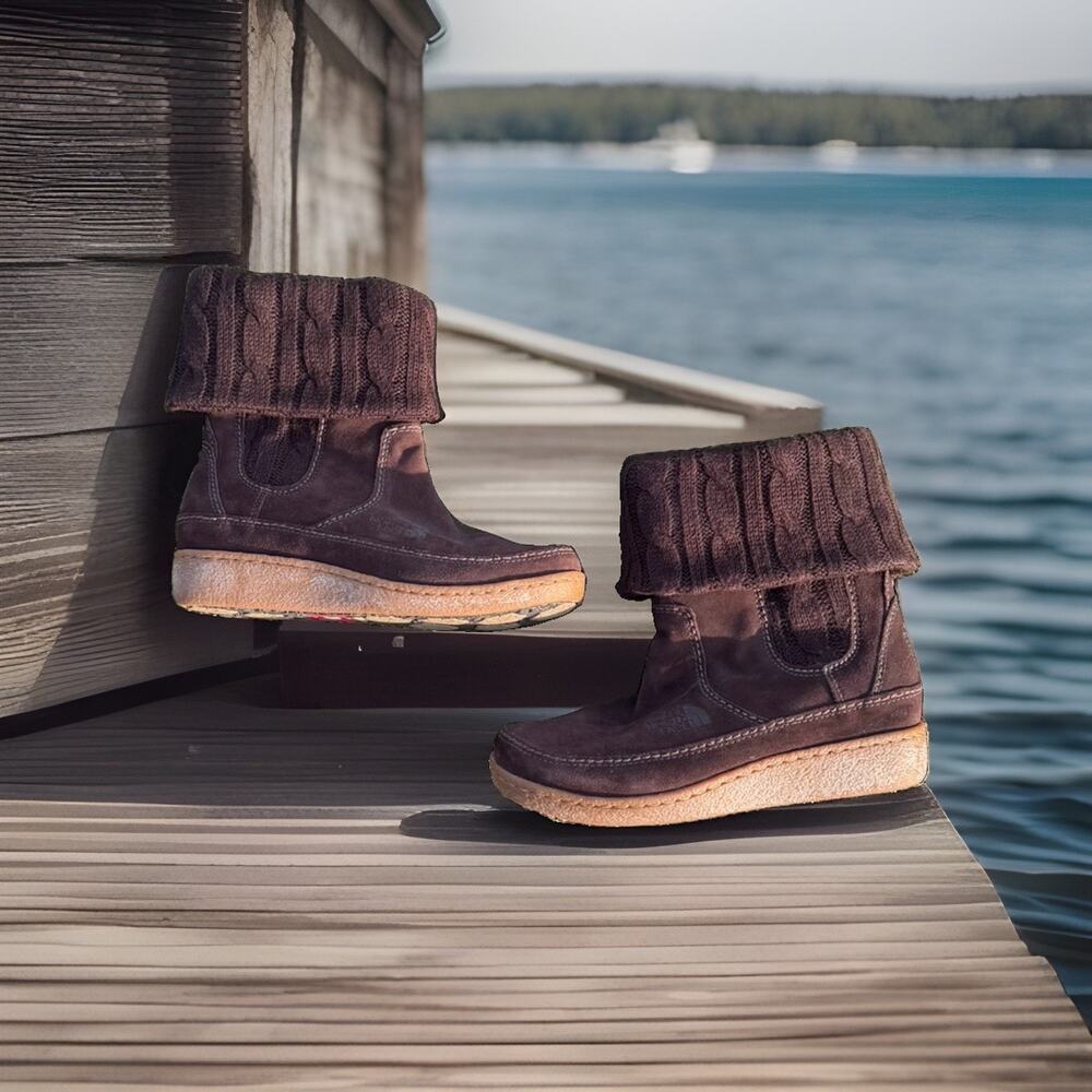 The North Face Alana Mid Knit Foldover Winter Boots Womens Size 7 Brown Leather